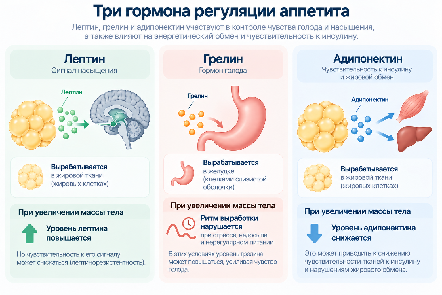 Лептин, грелин и адипонектин: функции трёх гормонов регуляции аппетита